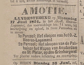 Grimburgwal Heerenlogement Aanbesteding sloop Het nieuws van den dag 16-06-1874