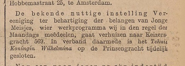 Keizersgracht 569 1903 Tehuis Wilhelmina verhuisd Het nieuws van den dag 02-05-1903