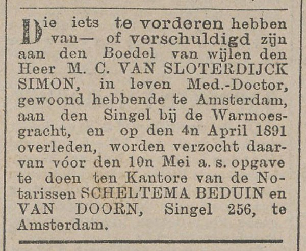 Singel 244 1891 Overleden Het nieuws van den dag 25-04-1891