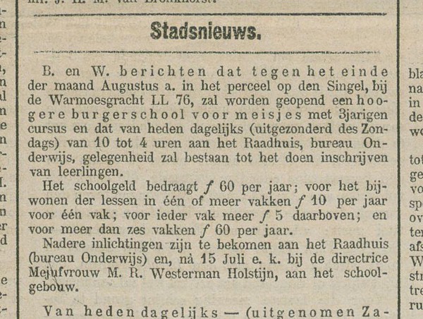 Singel 1872 Meisjes HBS gesticht Het nieuws van den dag 29-05-1872