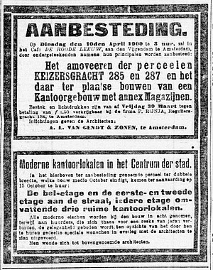 Keizersgracht 285 - 287 1900 Afbraak-te huur Telegraaf 29-03-1900