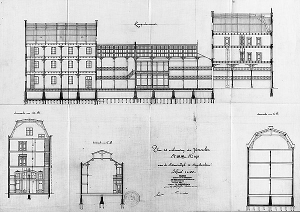 Nieuwendijk 188-190 Magazijn tekening doorsnede 1885 SAA