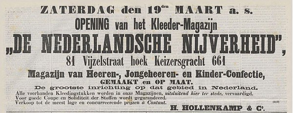 Keizersgracht 601 1887 Opening winkel Vijzelstraat De Tijd 19-03-1887