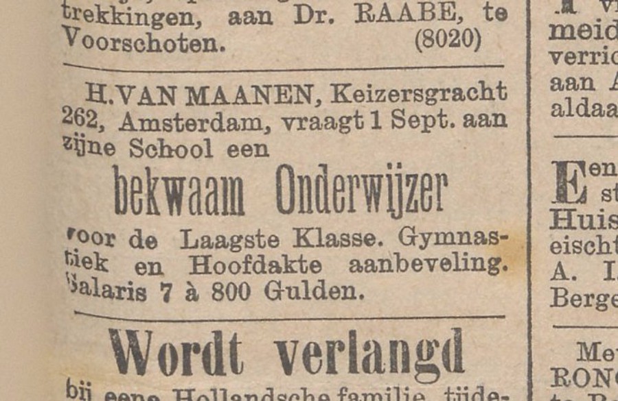 1890-07-24 Keizersgracht 385 Keizersgracht 262 bekwaam onderwijzer Het nieuws van den dag kleine courant