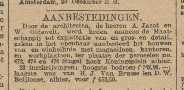 Singel 476 1898 afloop aanbesteding incl hoogste de Tijd 31-12-1898