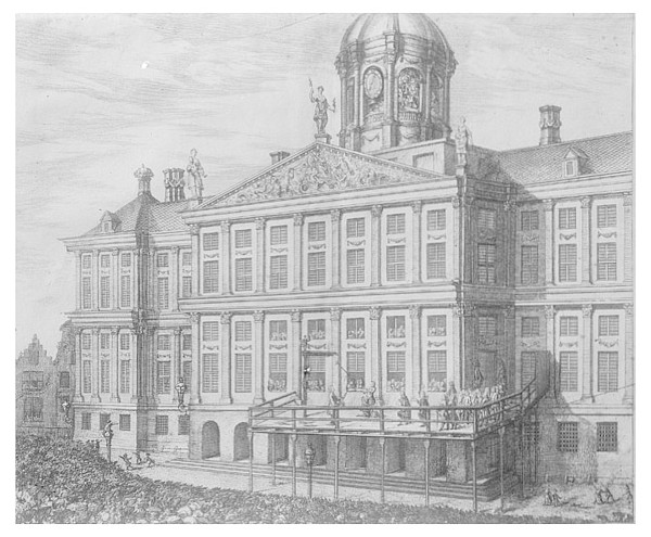 Terechtstelling, schavot opgebouwd tegen het stadhuis.